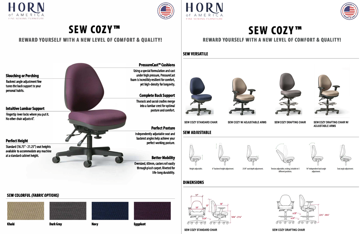 SEW COZY Standard Sewing Chair Horn of America