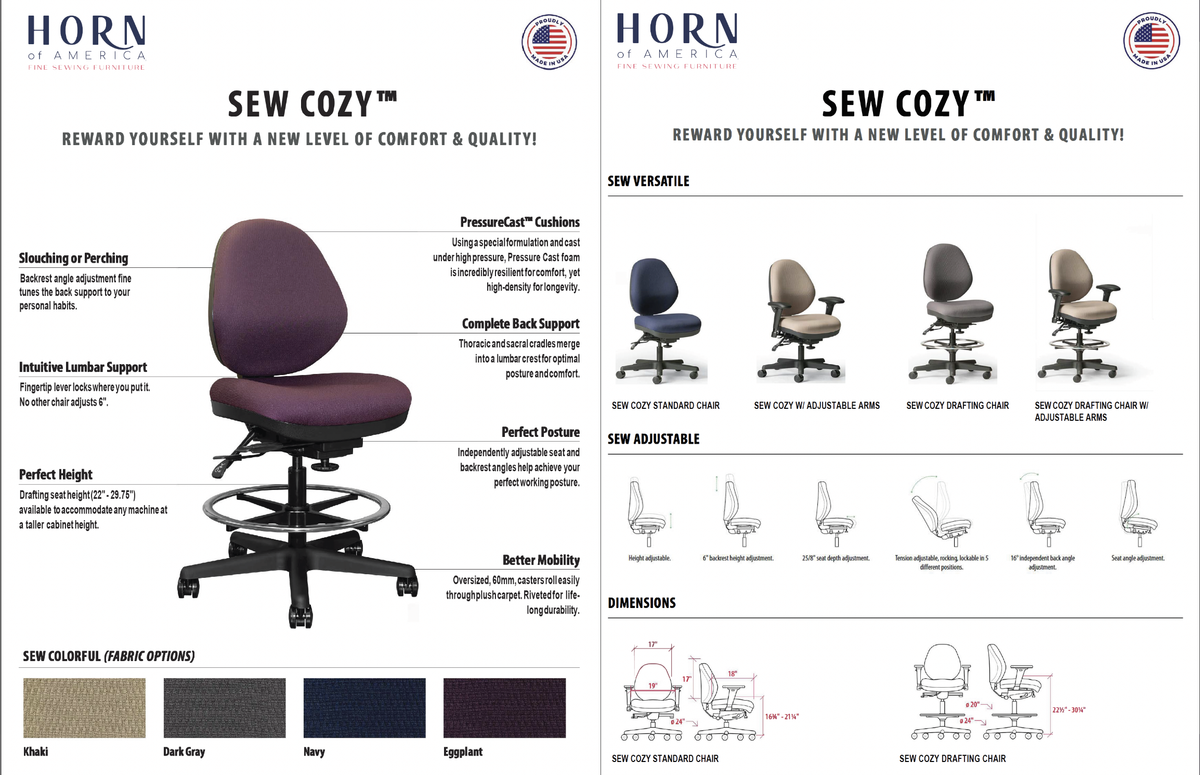 SEW COZY Drafting Sewing Chair Horn of America